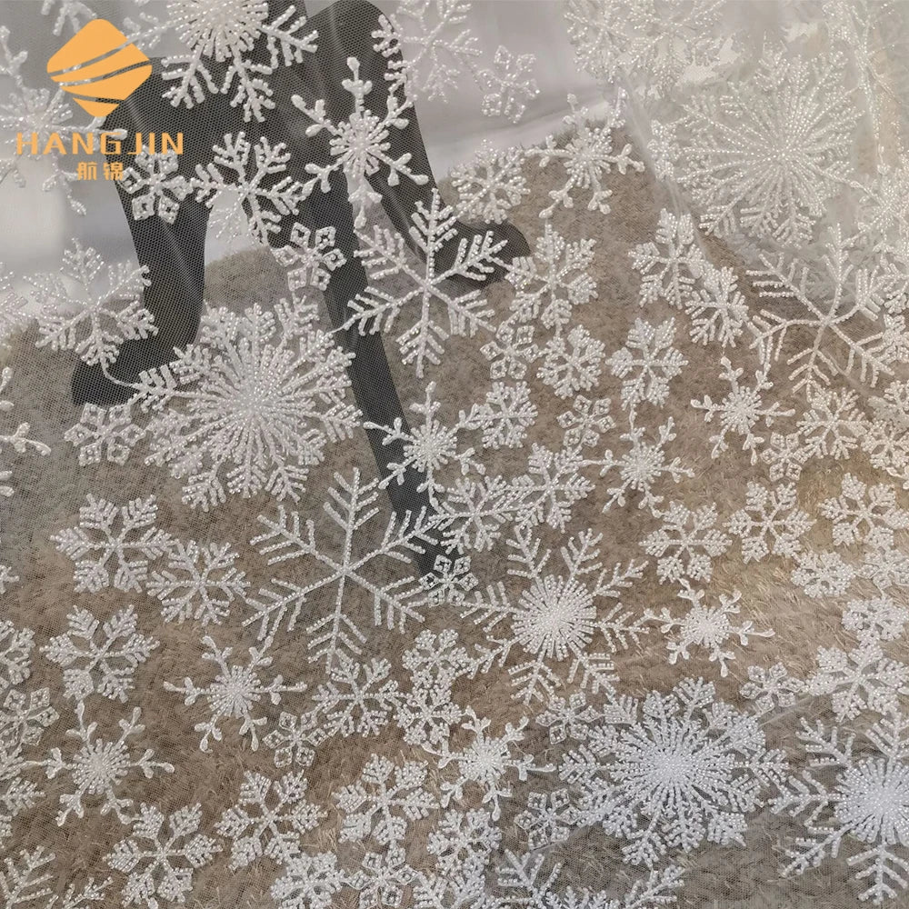 High End Embroidered Snow Flake Sequin Lace 3D Beaded Lace Fabric for Evening Dress Bridal Tulle Fabric Embroidered Lace Fabric