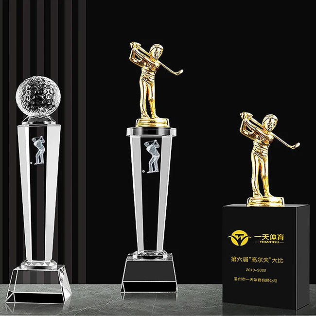Wholesale K9 Blank Crystal Golf Trophy Custom 3d Laser Engrving Crystal Golf Balls Trophy for Golf Sports Events