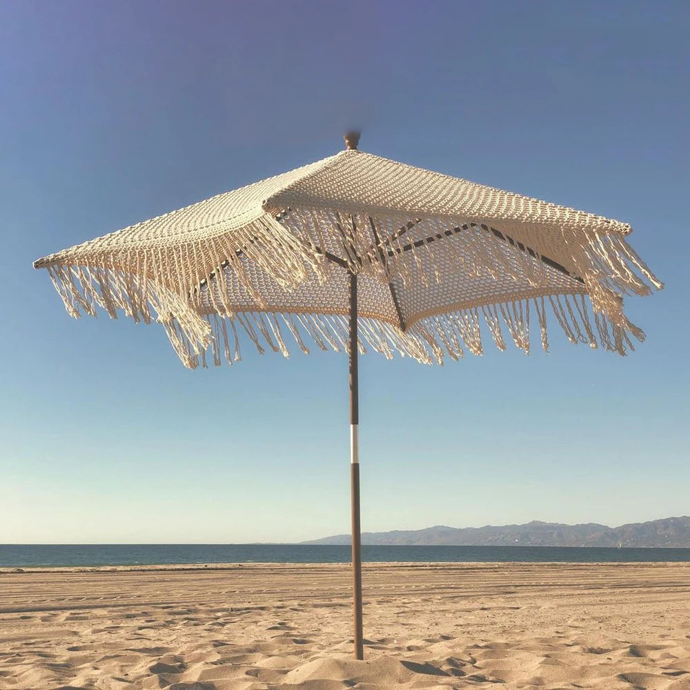 Bohemia Cotton Rope Macrame Parasols Wooden Pole Handmade Tassels Woven Canopy Beach Umbrella With Macrame Fringe
