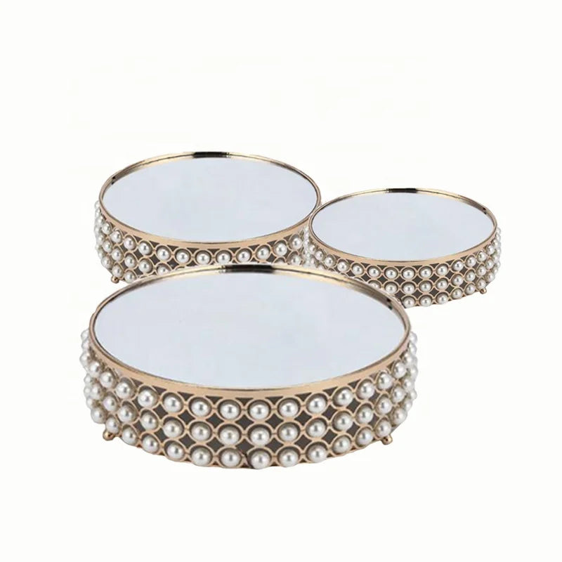 New Metal Cake Tray 3-piece Set Round Mirror Pearl Wholesale Wedding Cake Stand