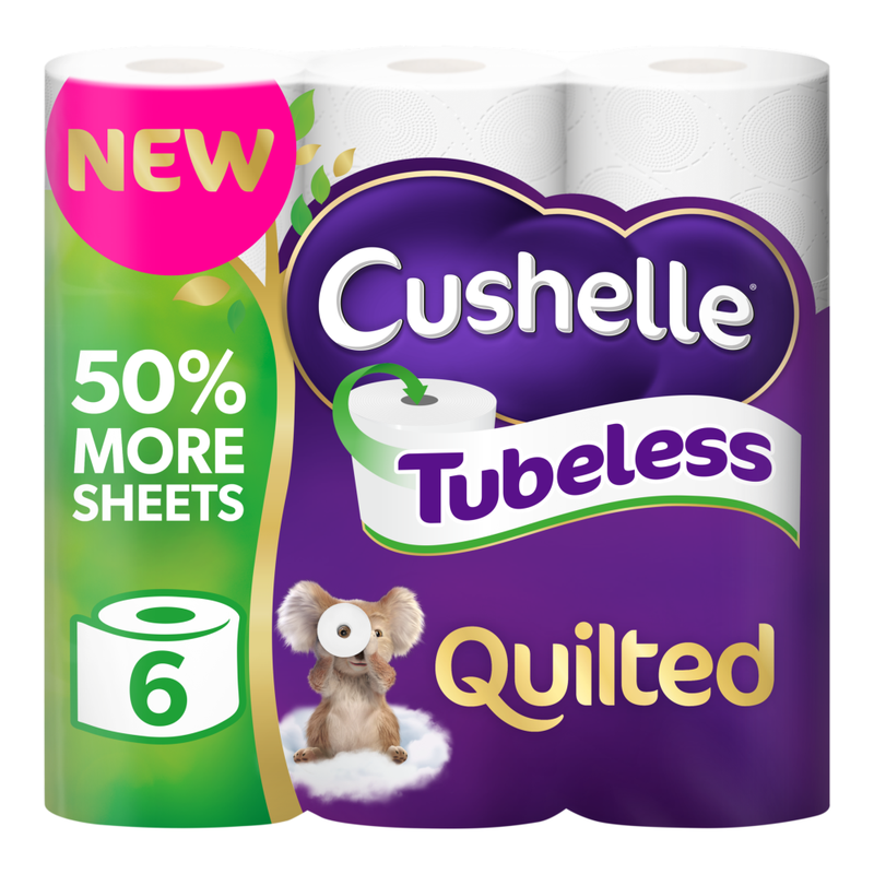Cushelle Quilted Tubeless Toilet Tissue, 3-Ply, 6 Rolls, 50% More Sheets MegaBDM