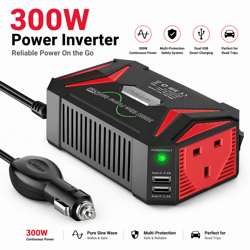 BESTEK 300W Pure Sine Wave Car Inverter 12V to 230V/240V with Dual 4.8A USB Ports Portable Power Adapter for Vehicle Travel Outdoor Use MegaBDM