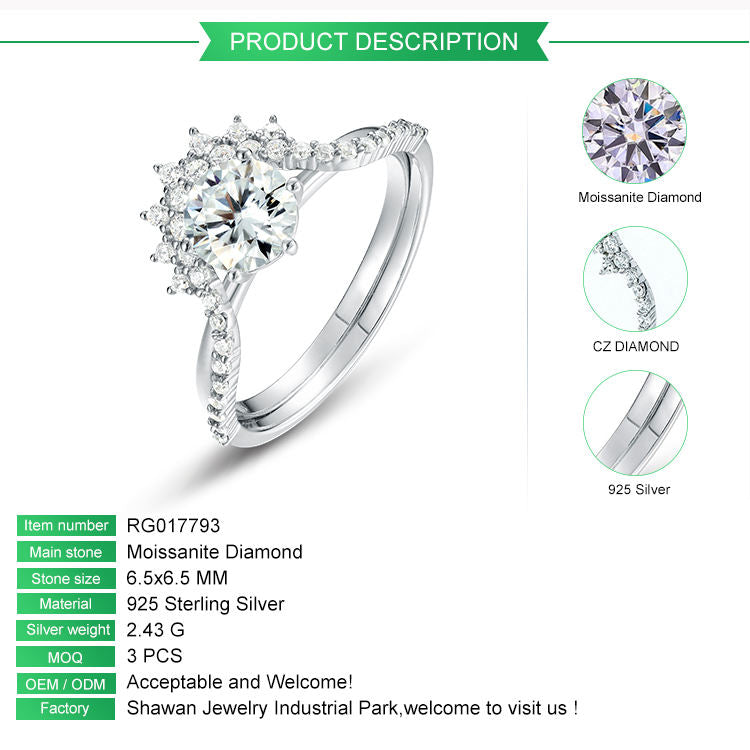 New Arrival 1ct Moissanite Engagement Ring Set for Women Curved CZ Eternity Ring Band 925 Silver Cluster Wedding Rings