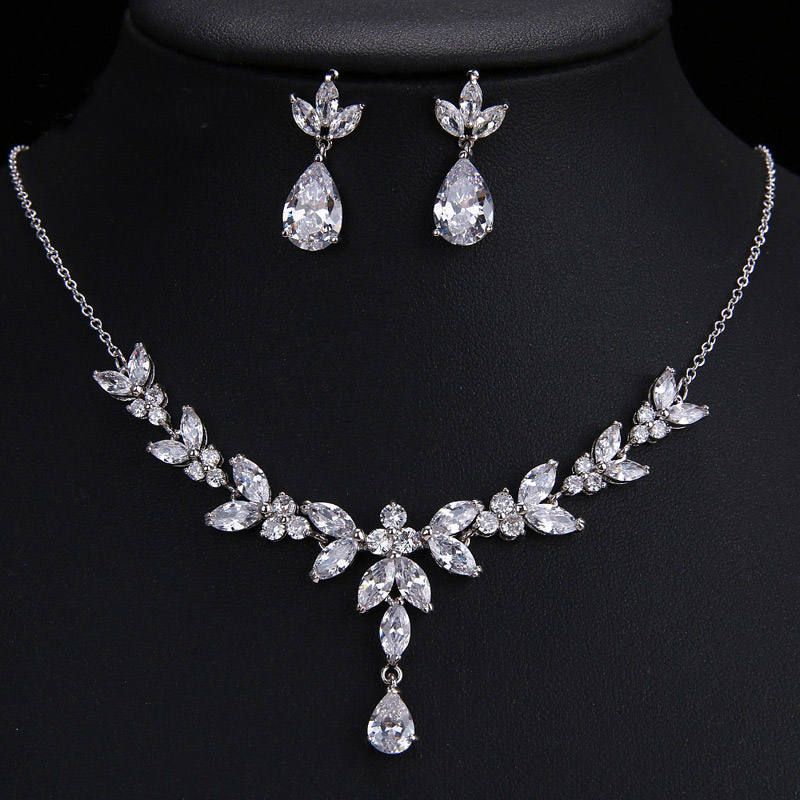 Wholesale Cubic Zirconia Wedding Jewelry Bridal Gold Bride Earrings Set and Necklace