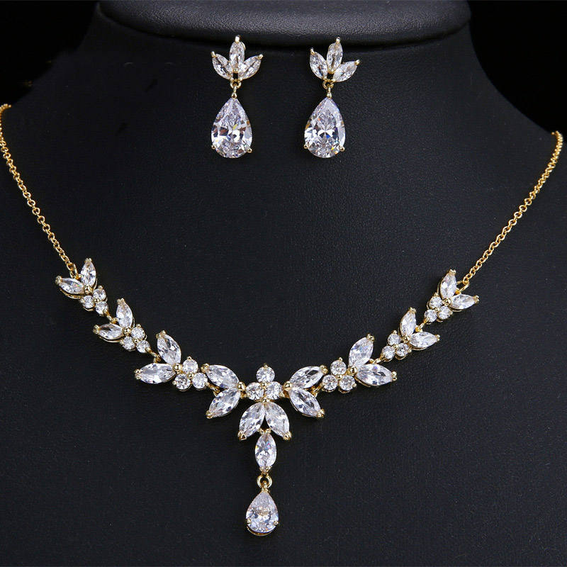 Wholesale Cubic Zirconia Wedding Jewelry Bridal Gold Bride Earrings Set and Necklace