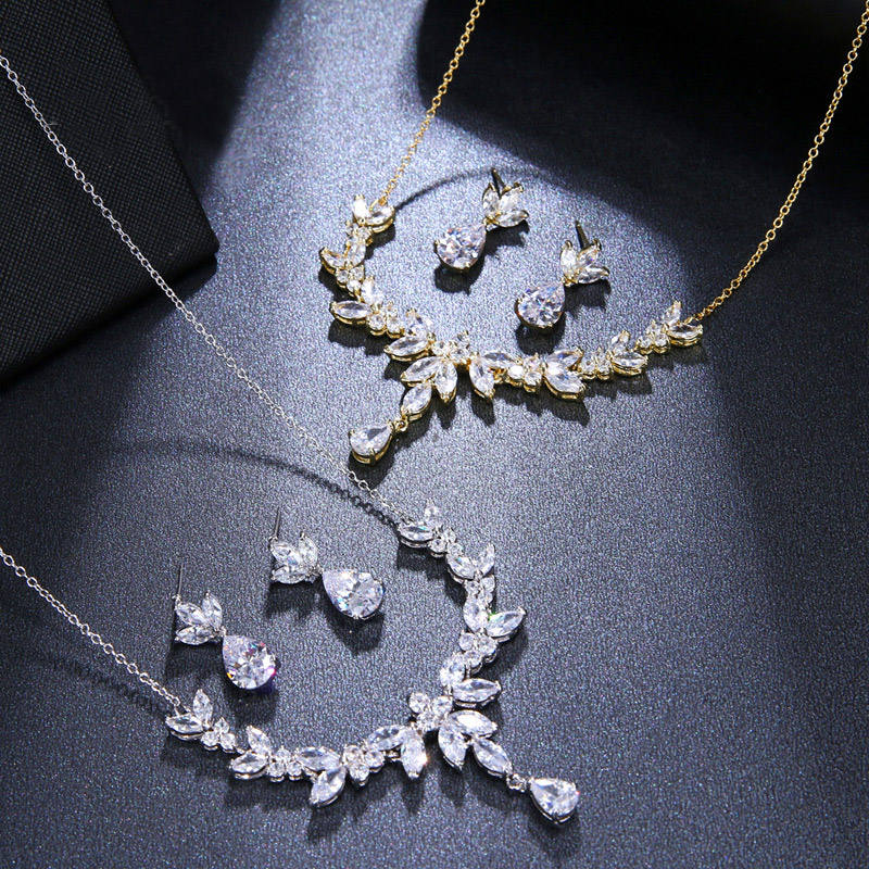 Wholesale Cubic Zirconia Wedding Jewelry Bridal Gold Bride Earrings Set and Necklace